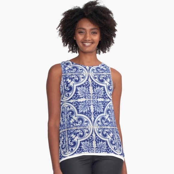 Audrey & Celine Tank top Chiffon Blue White Greek Mosaik Paisley print Size S - Picture 1 of 8